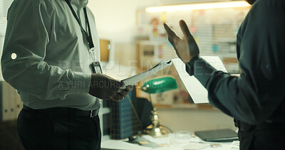 Buy stock photo Document, hands or detective in office for collaboration, case briefing or discussion. Police officer, investigation or people in meeting with paper for planning, justice or problem solving with team