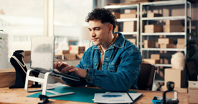 Buy stock photo Shipping, laptop and man typing in office for ecommerce, procurement email or distribution. Computer, logistics distributor and online for order update, stock and supply chain in small business