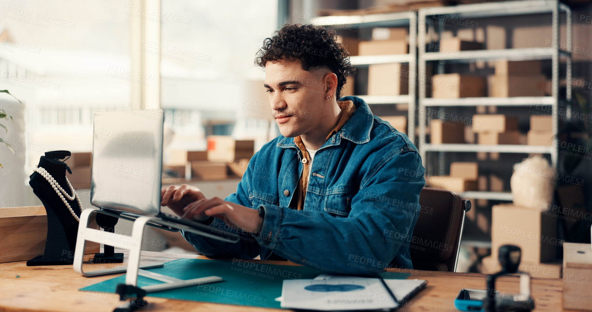 Buy stock photo Shipping, laptop and man typing in office for ecommerce, procurement email or distribution. Computer, logistics distributor and online for order update, stock and supply chain in small business
