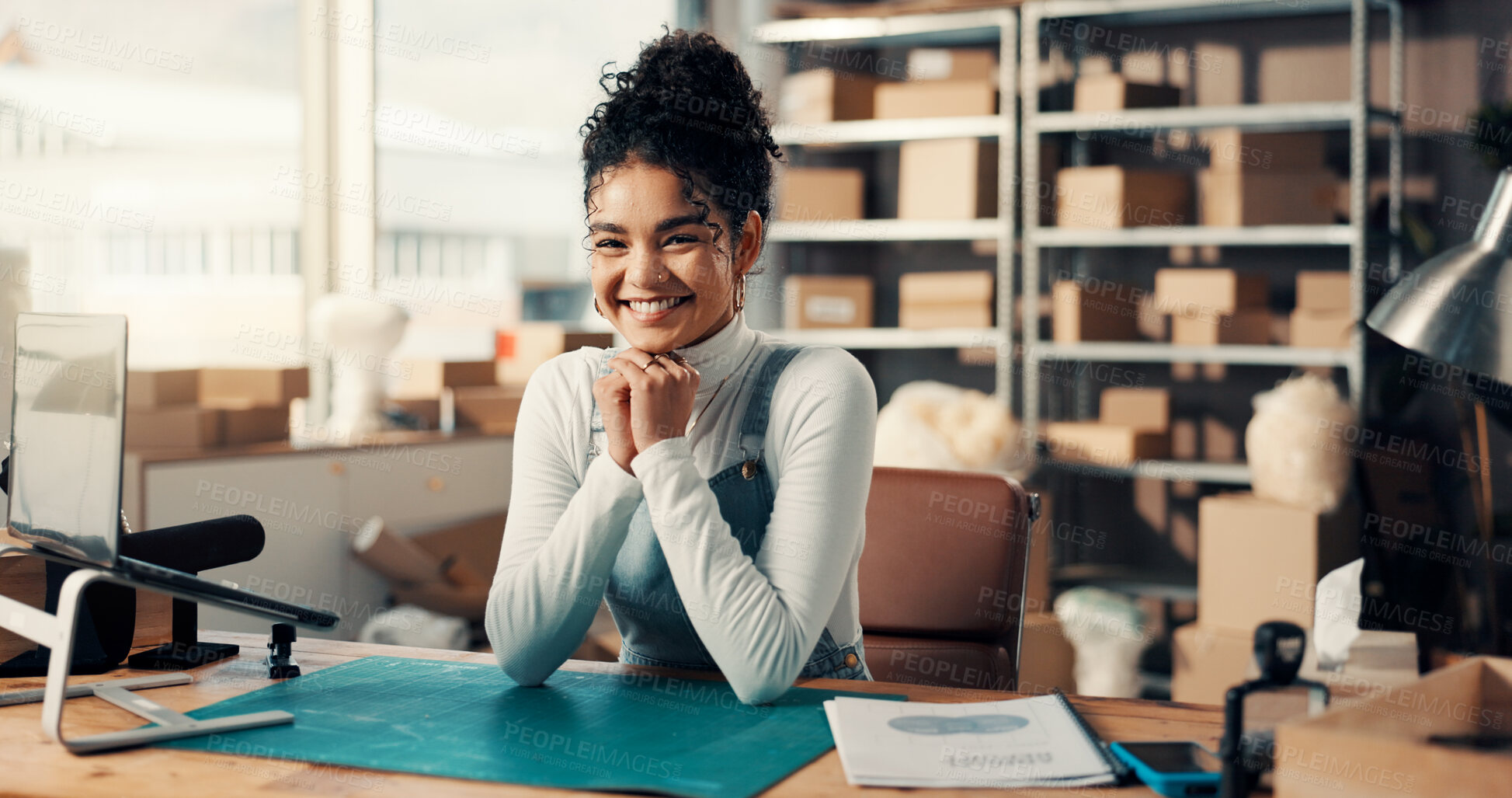 Buy stock photo Portrait, smile and supply chain with woman in office for delivery, ecommerce or shipping. Boxes, happy and logistics with courier person at desk in distribution workshop for export or import