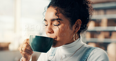 Buy stock photo Break, coffee and woman in supply chain office for delivery, distribution or shipping of goods. Drink, ecommerce and relax with logistics person in workshop for retail startup or small business