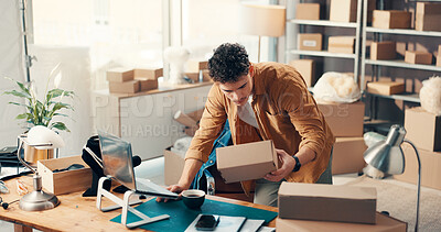Buy stock photo Laptop, ecommerce and man with box in office for stock, inventory management and reading label. Computer, distributor and shipping package for supply chain, order and sales info in small business