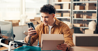 Buy stock photo Box, phone and supply chain with man in distribution office for barcode scanning or parcel tracking. Inventory, logistics and photograph with employee at desk for delivery, ecommerce or shipping