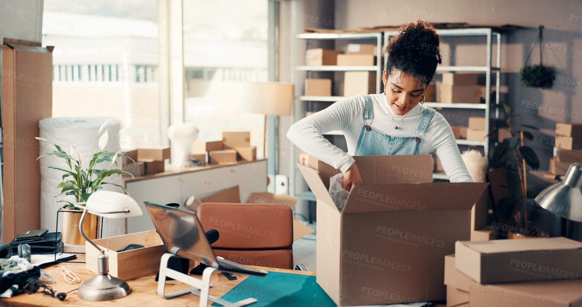 Buy stock photo Box, delivery and packing with woman in office for small business distribution or supply chain. Logistics, package and shipping with startup employee in workshop for commercial ecommerce service