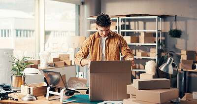 Buy stock photo Box, packing and supply chain with man in office for small business delivery or distribution. Ecommerce, package and shipping with startup employee in logistics workshop for commercial service
