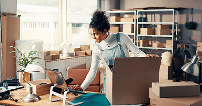 Buy stock photo Box, laptop and packing with woman in supply chain office for small business distribution. Computer, logistics and package with startup employee in workshop for ecommerce delivery or shipping