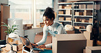 Logistics, laptop and happy woman typing in office for ecommerce, procurement email or distribution. Computer, shipping distributor or online for order update, stock or supply chain in small business