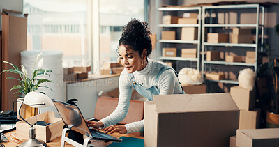 Buy stock photo Logistics, laptop and happy woman typing in office for ecommerce, procurement email or distribution. Computer, shipping distributor or online for order update, stock or supply chain in small business