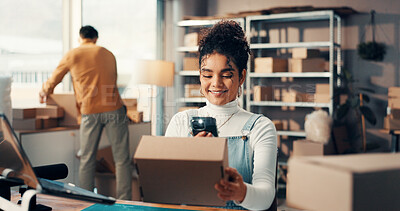 Buy stock photo Box, logistics and phone with woman in distribution office for barcode scanning or inventory. Parcel tracking, photograph and supply chain with employee at desk for delivery, ecommerce or shipping