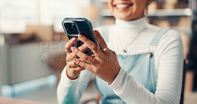 Buy stock photo Hands, phone and woman in office with shipping confirmation of online order, ecommerce or contact. Smile, technology and entrepreneur with cellphone for delivery details on package in workplace.