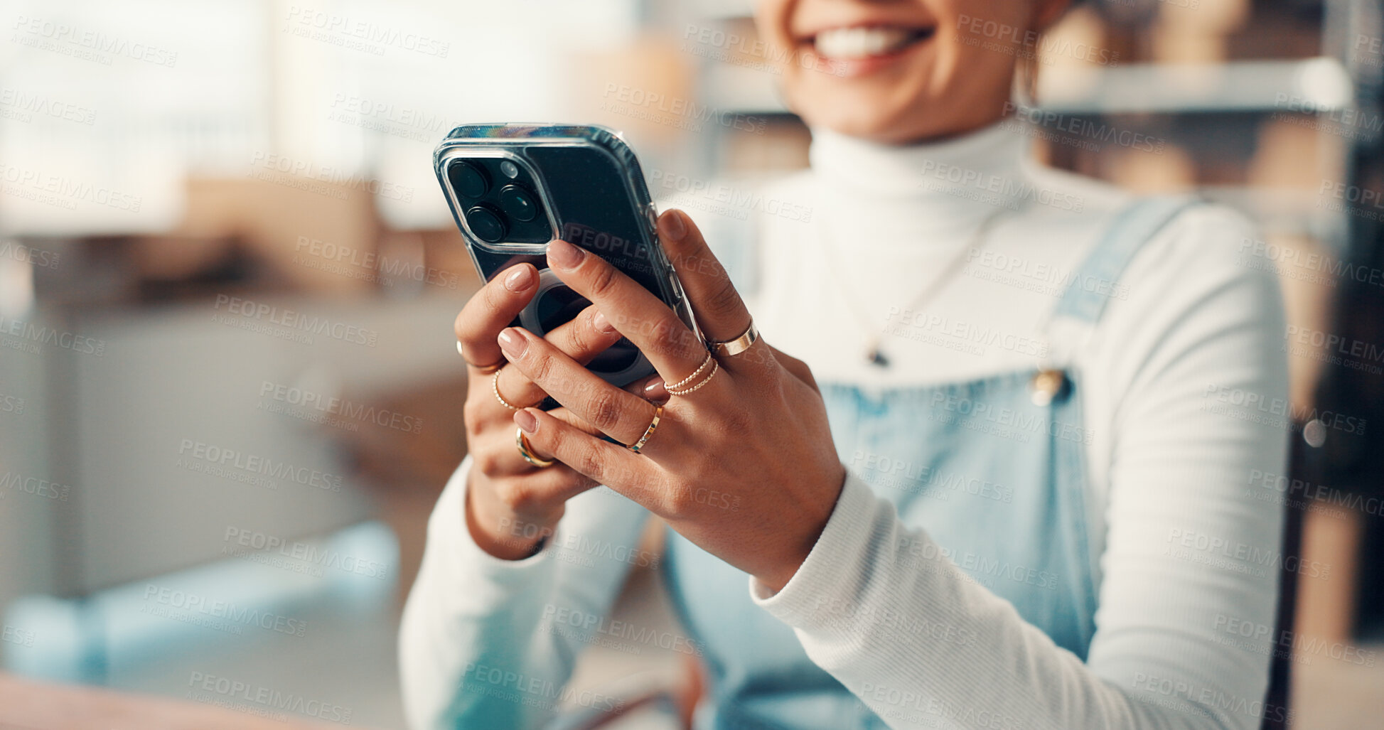Buy stock photo Hands, phone and woman in office with shipping confirmation of online order, ecommerce or contact. Smile, technology and entrepreneur with cellphone for delivery details on package in workplace.