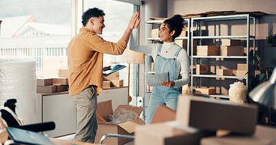 Buy stock photo Team, people and high five for delivery success with invoice paperwork, tablet and dropshipping win. Support, boxes and partners at warehouse for courier with gesture for ecommerce sales achievement