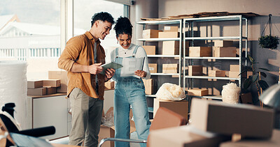 Buy stock photo Logistics, tablet or team with paperwork in office for inventory control, stock checklist or invoice. Small business, people or laughing with document for distribution joke and delivery information