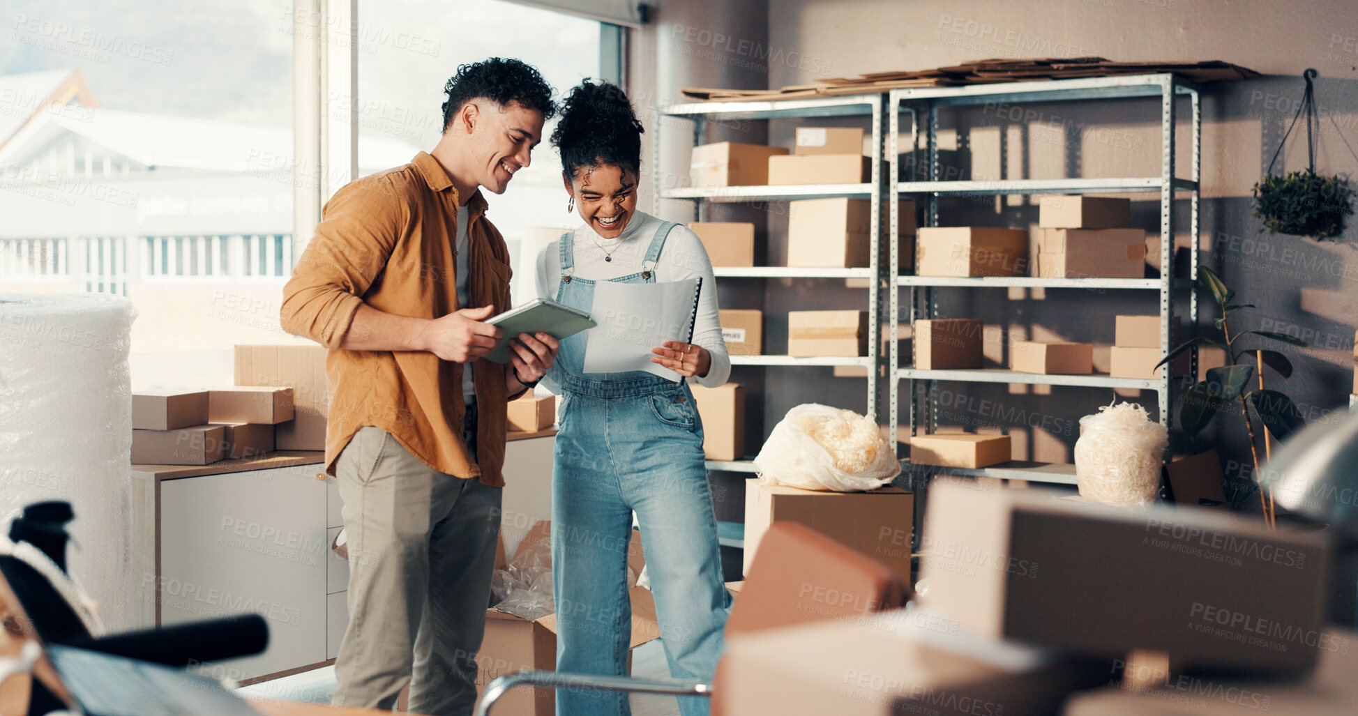 Buy stock photo Logistics, tablet or team with paperwork in office for inventory control, stock checklist or invoice. Small business, people or laughing with document for distribution joke and delivery information