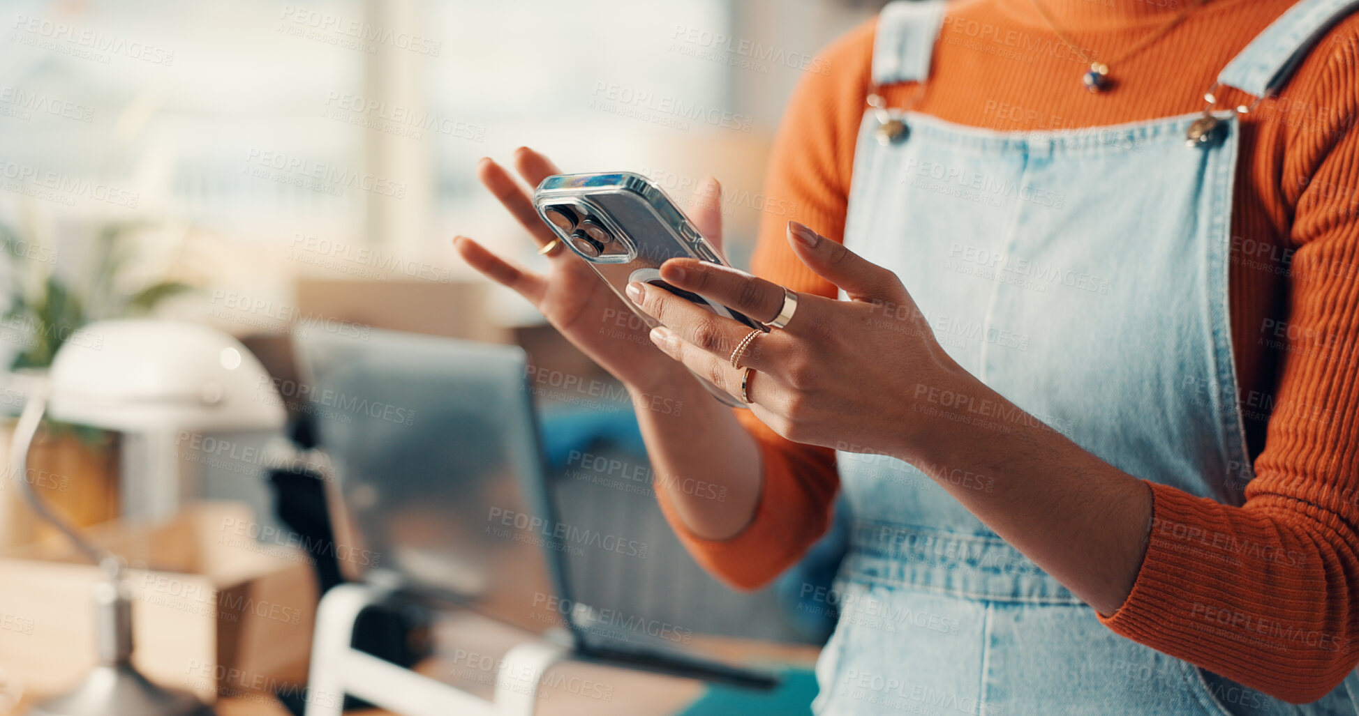 Buy stock photo Hands, phone and supply chain with person in office for delivery, distribution or shipping. App, communication and online order with woman in workshop for ecommerce, logistics or schedule on mobile
