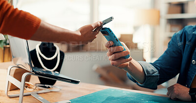 Buy stock photo Business, hands and people with smartphone, payment and pos machine in jewellery store. Employee, customer experience and cellphone with easy transaction, purchase and fintech with sale point or deal