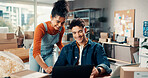 Small business team, logistics or people with laptop for sales inventory, online order or shipping. Ecommerce startup, employees or happy with tech in office for package distribution or stock control