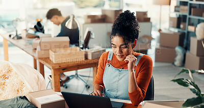 Buy stock photo Business, online reading and woman with laptop, supply chain and problem solving with email. Person, pc and employee with ecommerce, distribution report and solution with website info and planning