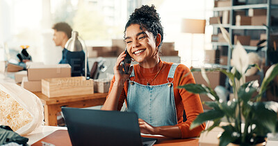 Buy stock photo Happy, woman and phone call in small business, logistics and plan for delivery of product and boxes. Online shop, entrepreneur and person with mobile for communication, talk or service with laptop