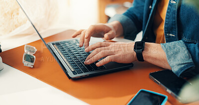 Buy stock photo Laptop, hands and man in office with typing for research on creative project for publishing. Technology, keyboard and copywriter with online article on computer with email for contact in workplace.