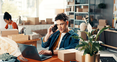 Buy stock photo Logistics, phone call and man with laptop, office and negotiation of price with supplier or talking. Browsing, online shop and inventory of stock on website, ecommerce and discussion for distribution