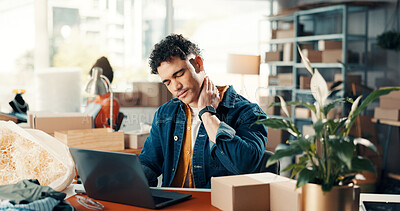 Buy stock photo Man, neck pain and logistics with laptop for small business deadline, pressure or strain in office. Male person, injury or ache with boxes or muscle tension for fatigue, stress or burnout in storage