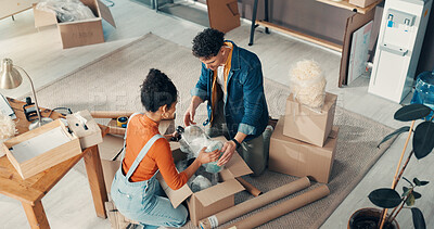 Buy stock photo Packing, help and shipping with people and box for delivery shipment, teamwork and logistics. Cargo parcel, distribution and partnership with above of man and woman in small business for inventory