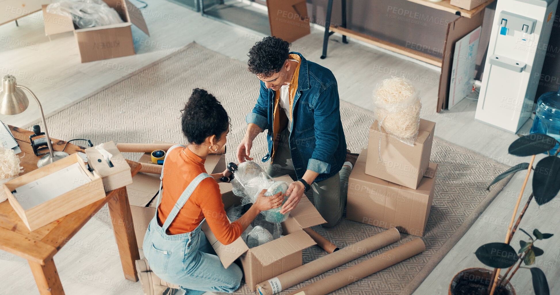 Buy stock photo Packing, help and shipping with people and box for delivery shipment, teamwork and logistics. Cargo parcel, distribution and partnership with above of man and woman in small business for inventory