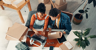 Buy stock photo Small business team, logistics or laptop with package for online order, shipping or delivery invoice. Ecommerce startup, above and people with box for parcel distribution and supply chain in office