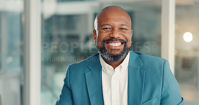 Buy stock photo Portrait, business and happy black man in workplace as corporate investment banker with ambition. Smile, confident manager and African professional, financial consultant and mature advisor in Kenya