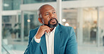 Thinking, business and black man in office with decision, choice or opportunity in finance career. Planning, ideas and mature African male financial manager with brainstorming for investment proposal