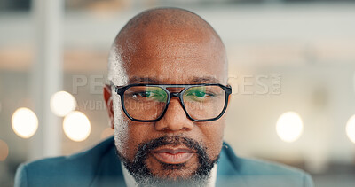 Buy stock photo Employee, glasses and black man with online reading, reflection or accounting with budget report. Optometry, financial agency or mature person in office, email or eyewear for clear vision or proposal