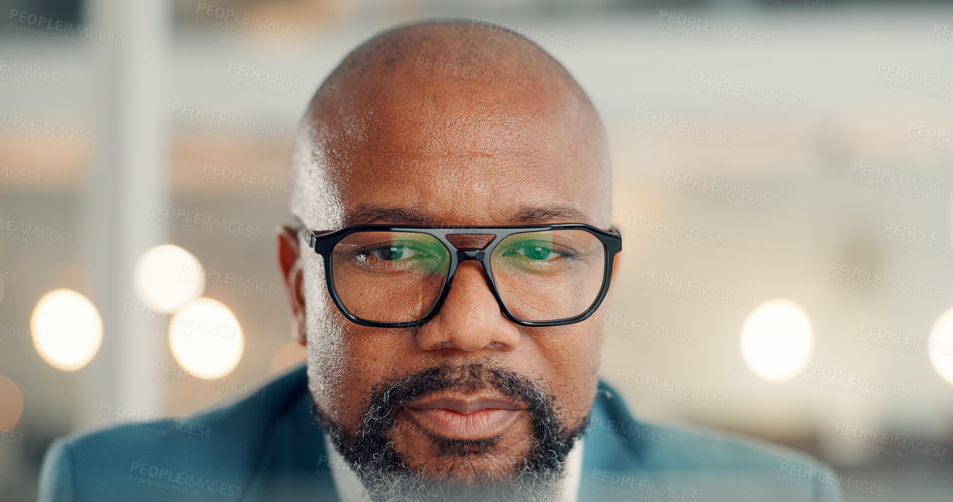 Buy stock photo Employee, glasses and black man with online reading, reflection or accounting with budget report. Optometry, financial agency or mature person in office, email or eyewear for clear vision or proposal