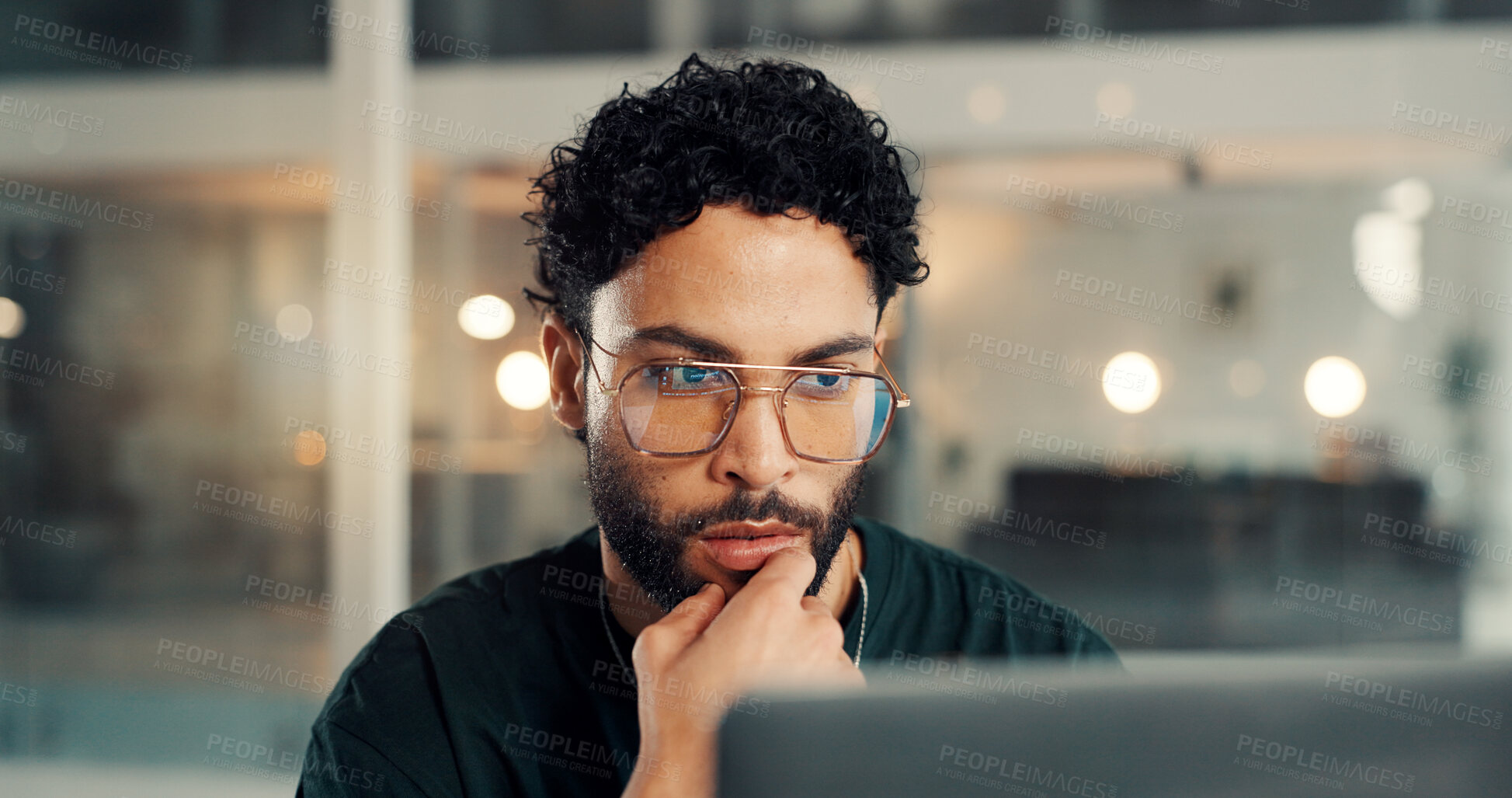 Buy stock photo Laptop, thinking and web design with man in office at night for problem solving or solution. Business, coding and computer with programmer at bokeh for evening maintenance or troubleshooting