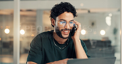 Buy stock photo Phone call, laptop and businessman in office with communication or networking for creative project. Happy, bokeh and male copywriter on mobile discussion with computer for article publishing.