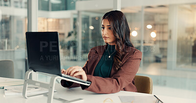 Buy stock photo Business, typing and woman in office, laptop and online reading with financial agency. Investment, person and employee with computer, budget report and trading with economy website, email or internet