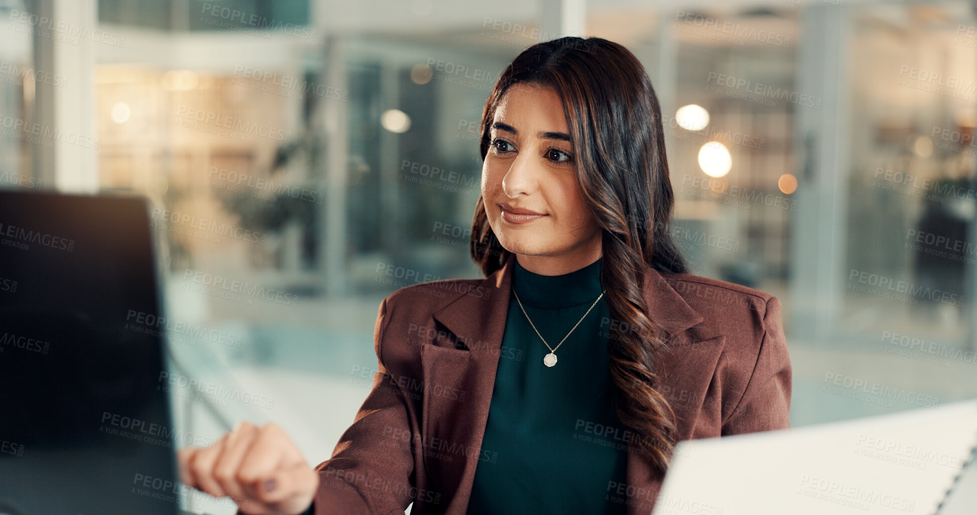 Buy stock photo Business, woman and reading on laptop in office for accounting, finance planning and review budget. Accountant, pc and document with financial report, tax preparation and check bills of audit payment