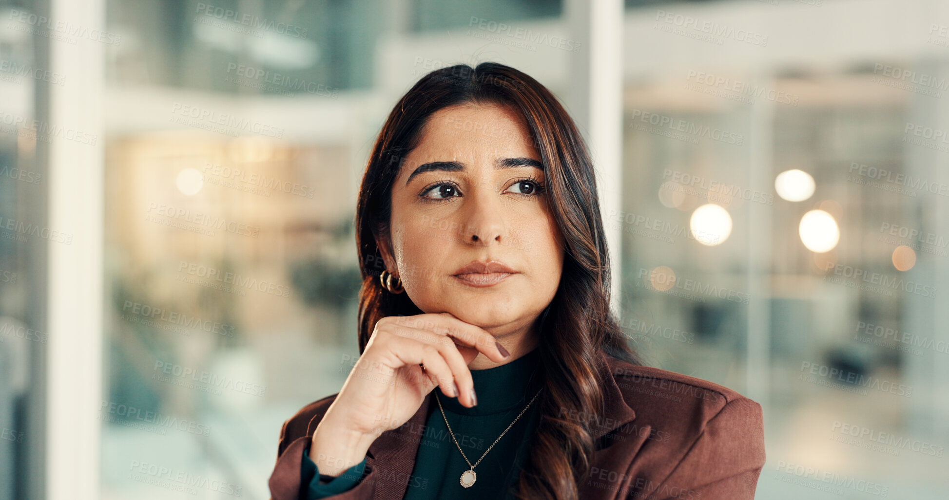 Buy stock photo Thinking, ideas and businesswoman in office with decision, choice or opportunity in finance career. Planning, bokeh and financial manager with brainstorming or problem solving for investment proposal