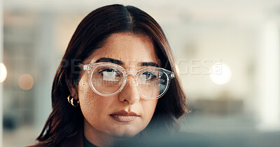 Buy stock photo Business, glasses and woman in office, reflection or accounting with investment. Person, financial agency or employee in workplace, email or eyewear for clear vision, budget report and online reading