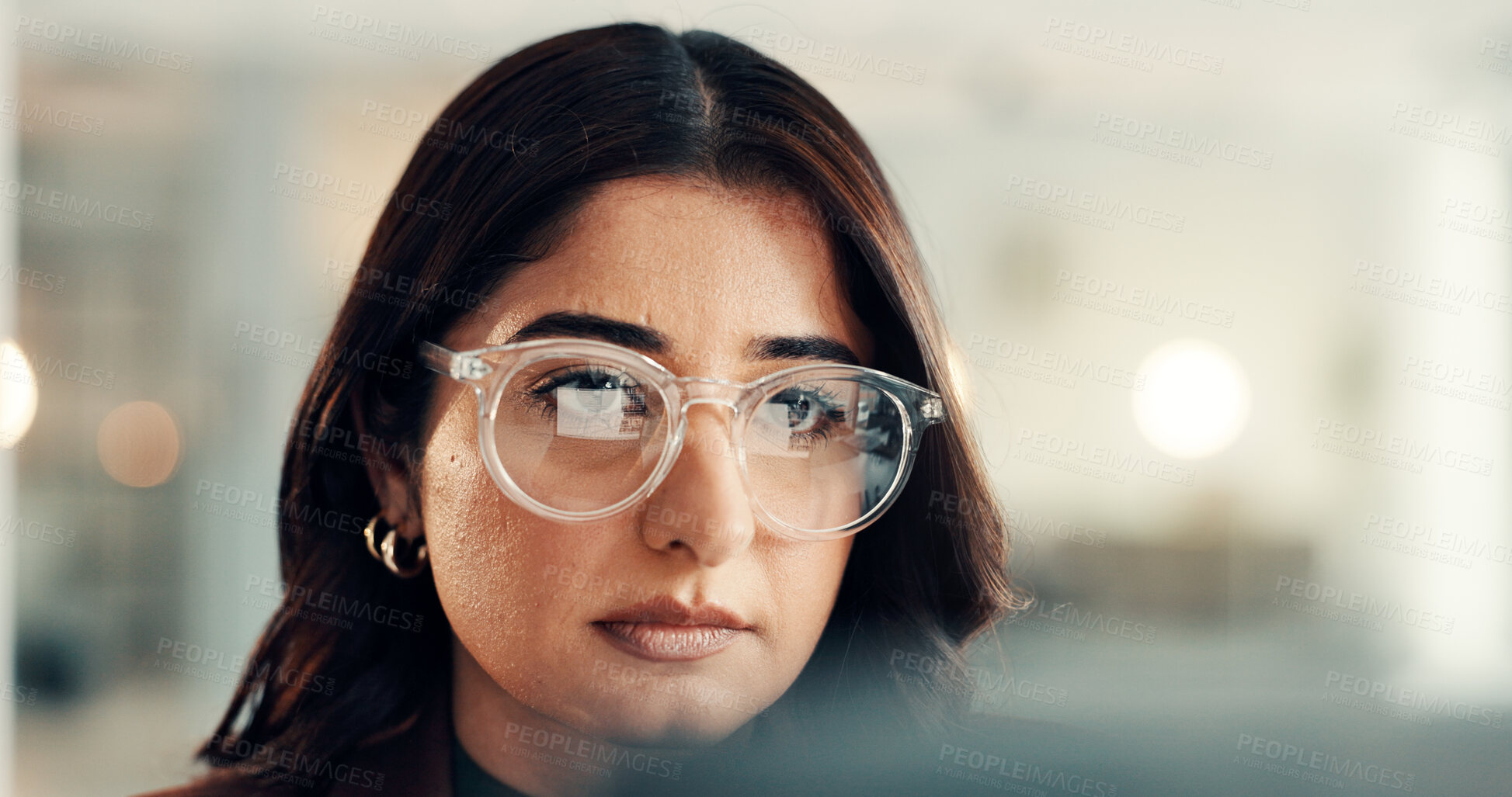 Buy stock photo Business, glasses and woman in office, reflection or accounting with investment. Person, financial agency or employee in workplace, email or eyewear for clear vision, budget report and online reading