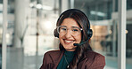 Business, call center and woman in office, portrait and confidence with happiness. Person, employee and consultant with smile, connection or customer service with internet, communication or headset