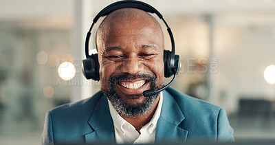 Buy stock photo Online reading, call center and black man with smile, laptop and conversation with help desk. Mature person, bokeh and consultant with pc, communication and customer support with friendly service