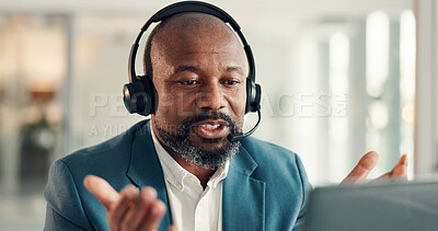 Buy stock photo Business, call center and black man with laptop, conversation and connection with headset. Mature person, employee and pc with customer service, internet or help desk with discussion or consultation