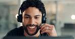 Headset, happy and man call center agent in office with crm, communication or online consultation. Smile, mic and male technical support consultant with customer service, contact us or help desk.