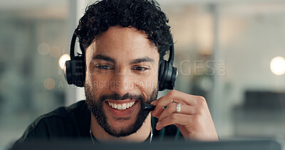 Buy stock photo Headset, happy and man call center agent in office with CRM, communication or online consultation. Smile, mic and male technical support consultant with customer service, contact us or help desk.