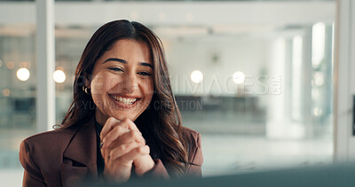 Buy stock photo Business, woman and reading on laptop in office for good news, positive feedback and story award. Smile, journalist and pc with article success, media recognition and promotion of publication funding