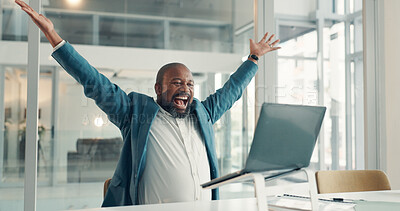 Buy stock photo Business, black man and cheering with laptop in office for good news, positive feedback or story award. Excited, mature journalist and pc of article success, media recognition and publication victory