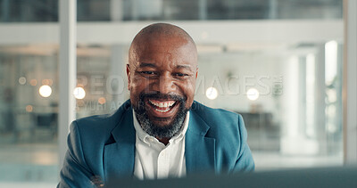Buy stock photo Business, excited and black man with laptop, online reading and financial agency with investment. Email, person and employee with PC, budget report or trading with economy website or revenue increase