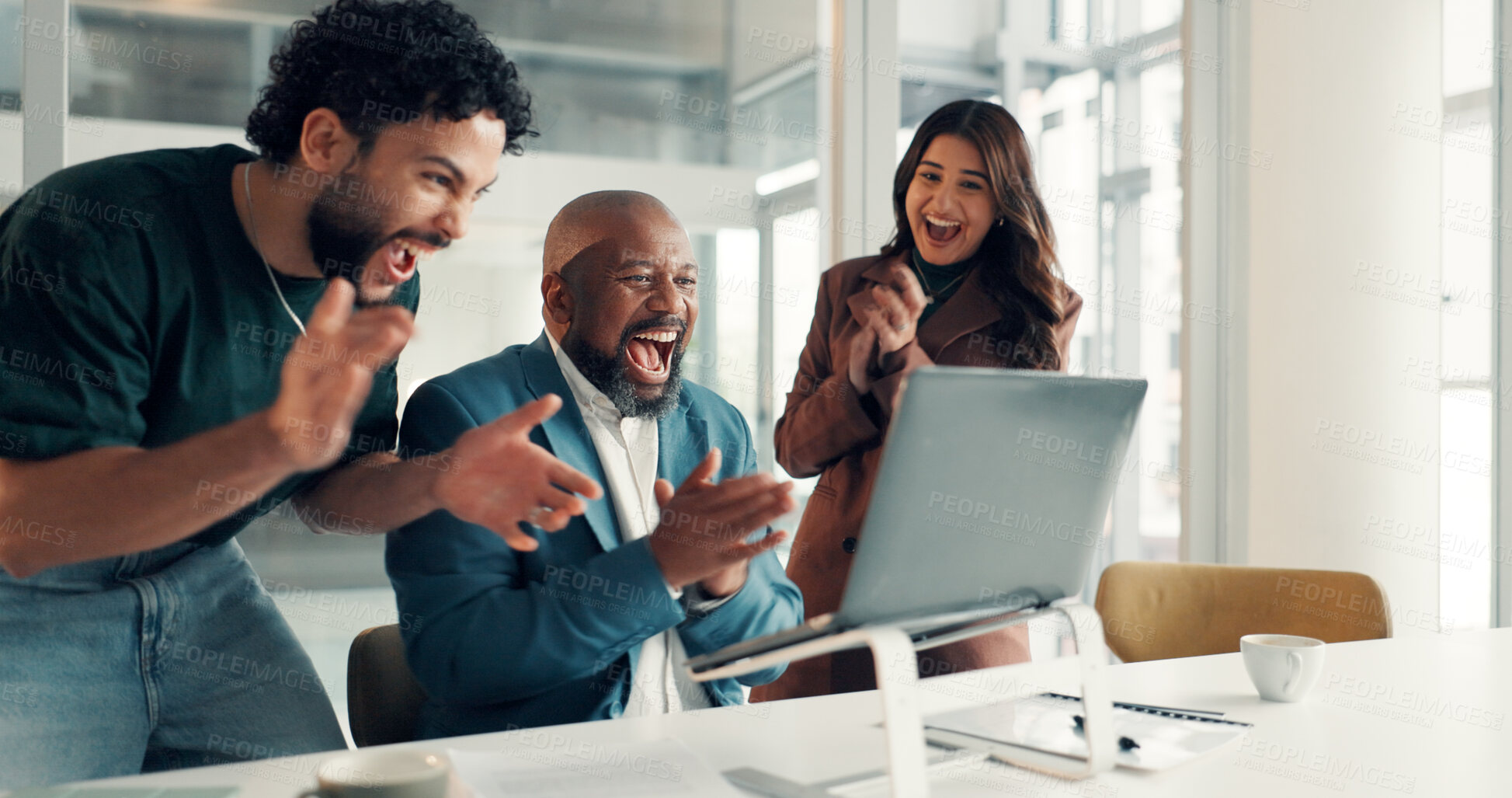 Buy stock photo Business, laptop and people in office, cheering and applause with investment, email and winning. Pc, group and employees with celebration, victory or excited with teamwork, clapping or stock market
