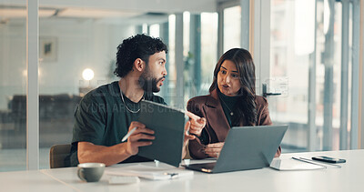 Buy stock photo Meeting, problem solving or tech support with man and woman in office together for troubleshooting. Business, help or tablet with employee and IT professional in workplace for network maintenance